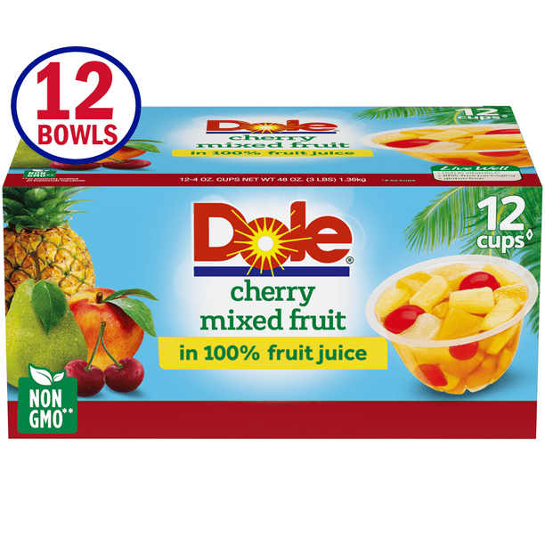 Dole Fruit Bowls Cherry Mixed Fruit in 100% Fruit Juice, 4 Oz Bowls, 12 Cups of Fruit