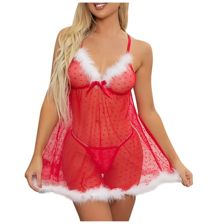 Knosfe Women Christmas Babydoll Lingerie Sexy Bodysuit Sleepwear Mesh Chemise