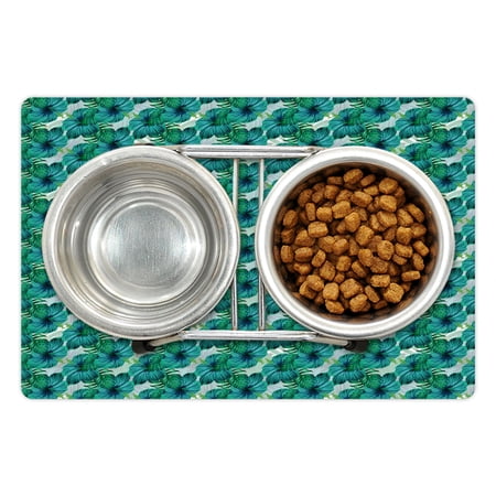 Exotic Pet Mat for Food and Water, Aloha Summer Hibiscus and Tropic Leaves, Non-Slip Rubber Mat for Dogs and Cats, 18" X 12", by Ambesonne