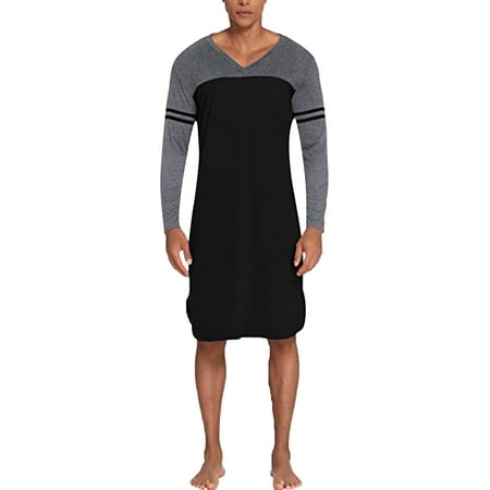 Mens Summer Shirts Men S V-Neck Long Sleeve Colour Matching Nightgown