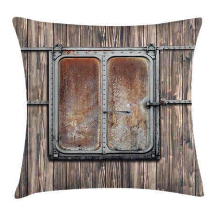 Rustic Decor Throw Pillow Cushion Cover, Wooden Tree Planks with Old Rusty Two Angled Metal Boat Door Artwork, Decorative Square Accent Pillow Case, 24 X 24 Inches, Brown and Grey, by Ambesonne