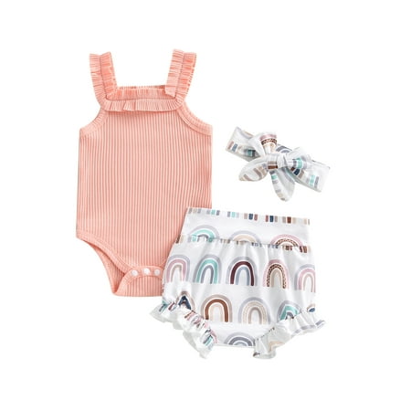 Eyicmarn Baby Girls 3Pcs Summer Outfits Sleeveless Ribbed Romper + Rainbow Shorts + Headband Set
Eyicmarn Baby Girls 3Pcs Summer Outfits Sleeveless Ribbed Romper + Rainbow Shorts + Headband Set