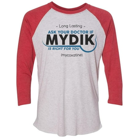 Mens Baseball Tee - “Long Lasting Ask Your Doctor If MYDIK Is Right For You” Funny Doctor 3/4 Sleeve Raglan Medium, White/Red