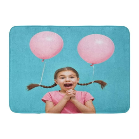 GODPOK Colorful Funny Child on of Bright Blue Wall Girl is Having Fun with Balloons Pink and Turquoise Colors Rug Doormat Bath Mat 23.6x15.7 inch
