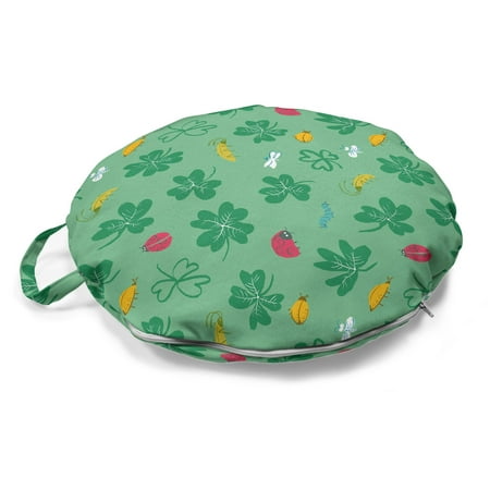 

Forest Round Floor Cushion with Handle Clover Leaves and Ladybug Beetles Dragonfly Happy Day in Nature Luck Theme Pillow for Living Room & Dorms 18 Round Sea Green Multicolor by Ambesonne