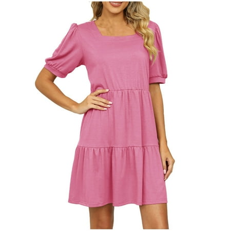 Ersazi Women Short Sleeve Round-Neck Dress Women s Casual Sexy Fashion Summer Round Neck Short Sleeve Elbow Sleeve Loose Solid Dress Black Corset Dress