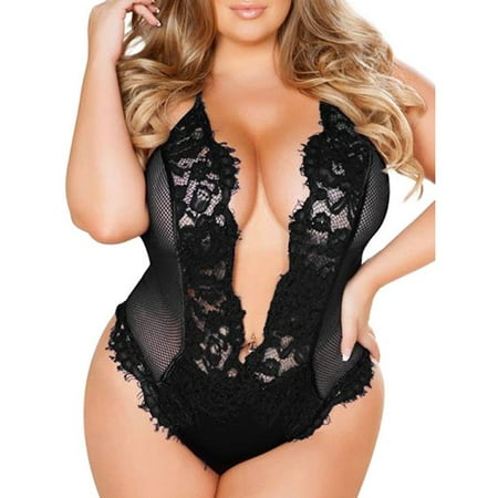 Plus Size Women One Piece Lingerie Deep V Lace Bodysuit,Hollow Out Floral Lace See Through Lingerie Nightwear,Black
Plus Size Women One Piece Lingerie Deep V Lace Bodysuit,Hollow Out Floral Lace See Through Lingerie Nightwear,Black