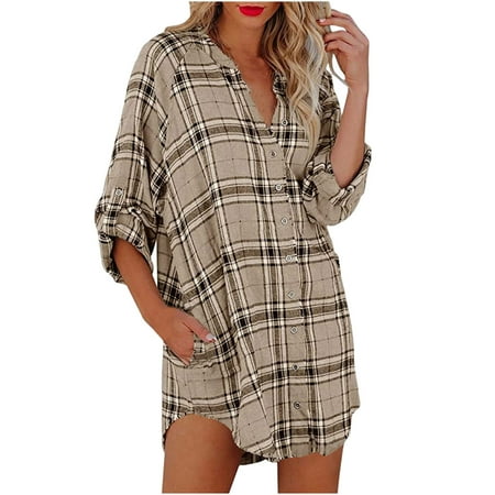Juebong Women Casual Loose V Neck Buttons Plaid Print Long Sleeve Pockets Mini Shirt Dress
Juebong Women Casual Loose V Neck Buttons Plaid Print Long Sleeve Pockets Mini Shirt Dress