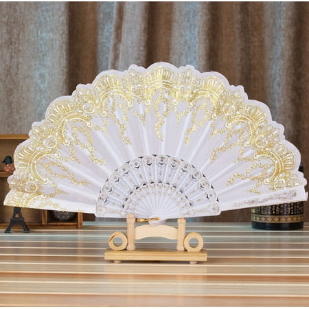 tangnade home decor paper fans handheld chinese style dance wedding party lace silk folding hand held flower fan white