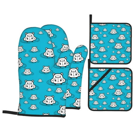 Oven Mitts and Pot Holders Sets 4 pcs - Hippo In Water Head Heat Resistant Silicone Oven Gloves with Non-Slip Silicone Surface and hot pads for kitchen Baking Cooking BBQ 
Oven Mitts and Pot Holders Sets 4 pcs - Hippo In Water Head Heat Resistant Silicone Oven Gloves with Non-Slip Silicone Surface and hot pads for kitchen Baking Cooking BBQ