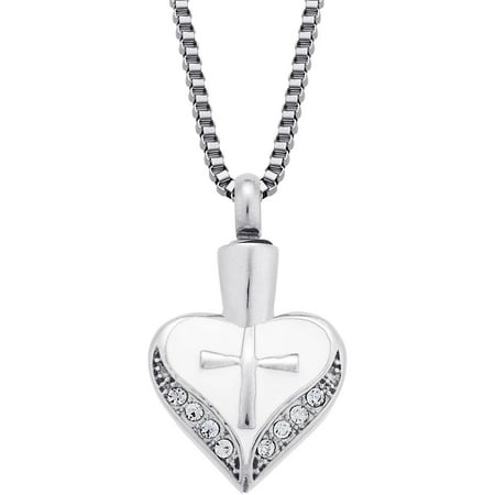 Personalized Stainless Steel White Enamel Heart with Cross Cremation Pendant