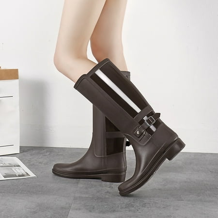 Egmy Women Waterproof Rain Shoes Plastic Low Heel Locomotive Hasp High Boots