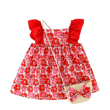 

Qufokar Organic Baby Girl Clothes mas Dresses for Toddler Girls Dress 6M-3Y Floral Set Ruffles Girls Printed Fly Princess Baby Bag Sleeve Girls Dresses