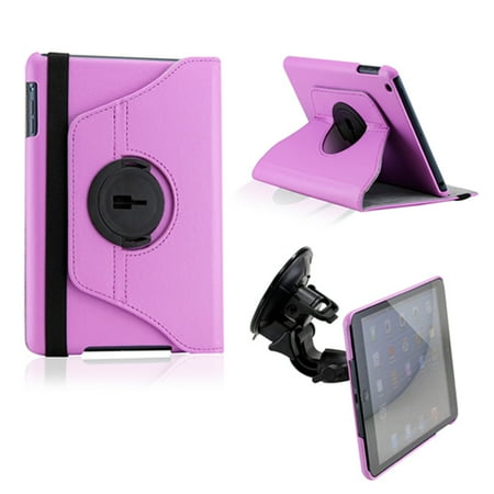 Lavender Purple Dual Function 360 Degree Rotating PU Leather Case Cover with Car Mount for iPad Mini 1 and 2