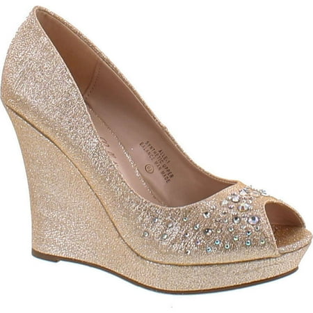 De Blossom Womens Glitter Rhinestone Peep Toe Pump ALLE-1 Champagne 5.5
