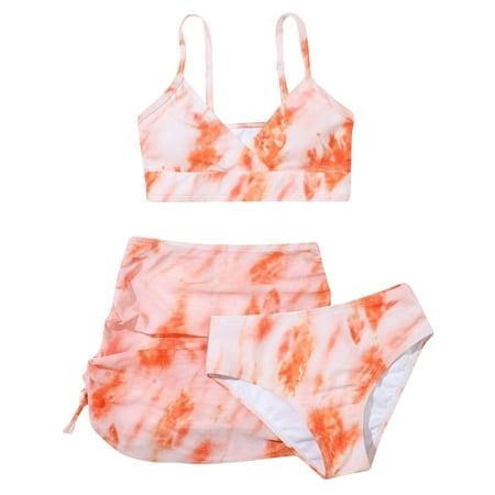 

Toddler Swimsuit Girl Size 160/Xl Summer Cute Crisscross Dyeing Printing Floral Print Three Piece Orange Toddler Bathing Suit Girl