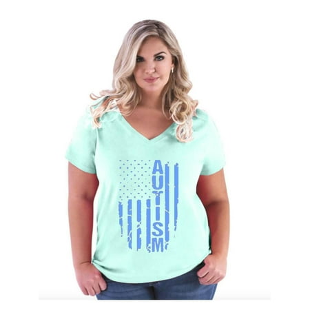 Autism Flag Blue American Flag Autism Awareness Women's Curvy Plus Size V-Neck Tee