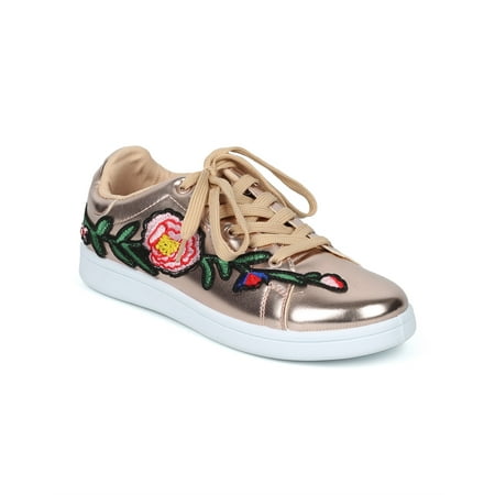 New Women Wild Diva Dunham-18ME Lace Up Floral Embroidered Patch Low Top Sneaker
