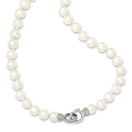 Sterling Silver 18in 9-10mm White Freshwater Cultured Pearl CZ Fancy Clasp Necklace