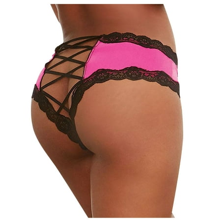 

BIZIZA Women s Thongs Sexy Lace Plus Size Strappy Underwear Criss Cross Panty Hot Pink L