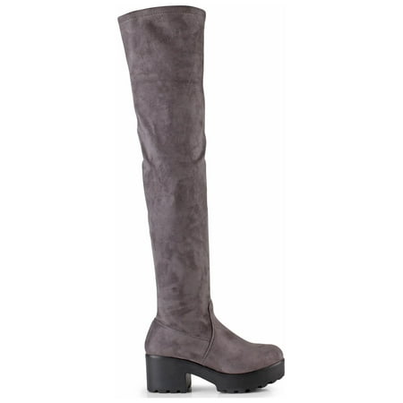 

Lug Sole Pull On Stretchy Knee High Women s Boots in Grey
