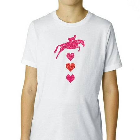 Beautiful Horseback Riding Pink Horse Jumping Pink Hearts Boy's Cotton Youth T-Shirt