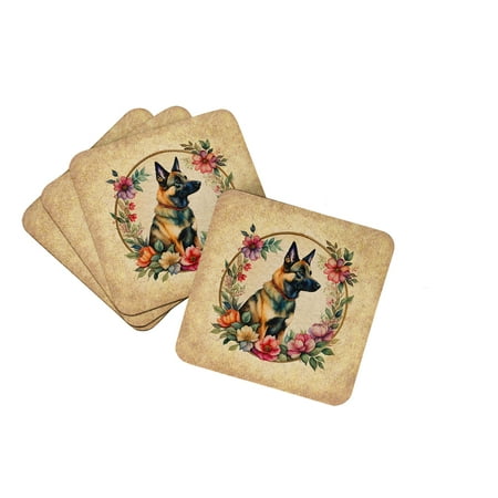 Belgian Malinois and Flowers Foam Coaster Set of 4 3.5 in x 3.5 in