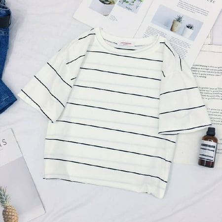 Summer Woman Short Midriff-baring Tops Striped Shirt T-shirt White stripe XL