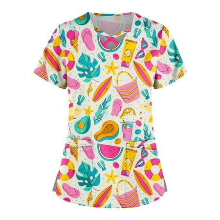 

QWANG Plus Size Cute Printed Scrub Working Uniform Tops For Women Cross V-Neck Short Sleeve Fun T-Shirts Workwear Tee with Double Pockets