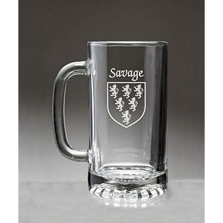 Savage Irish Coat of Arms Glass Beer Mug (Sand Etched)