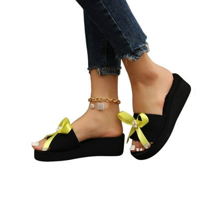 UKAP Ladies Slides Open Toe Casual Shoes Slip On Wedge Sandals Comfort Slide Slippers Womens Platform Thick Sole Yellow 7.5