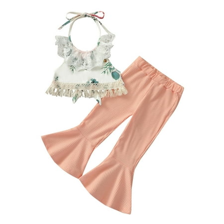 wsevypo Toddler Baby Girl Summer Outfits Off Shoulder Ruffle Crop Tops Vest Shirt+Floral Wide Leg Belted Pants/Shorts Clothing Set