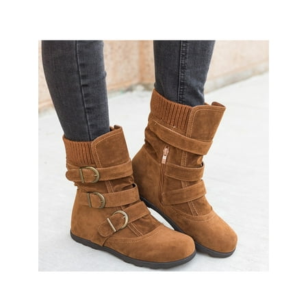 UKAP Women s Fashion Winter Mid Calf Boots Flats Booties Casual Shoes Buckle Zipper