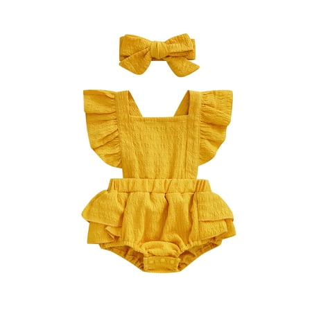 

jaweiw Baby Girl Romper Headband Square Neck Fly Sleeve Solid Color Elastic Waist Crotch Snap Bodysuit Bow Hairband Size 0 6 12 18 24 M