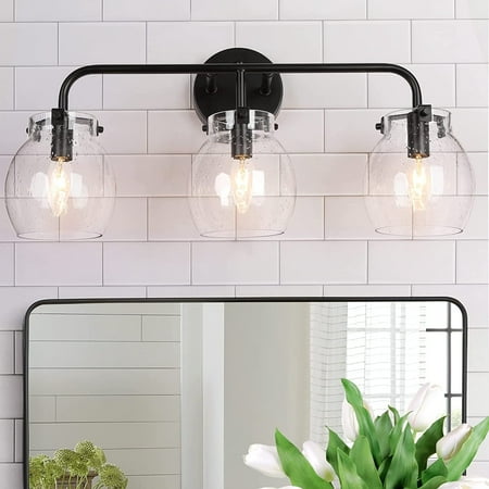 

Olia Mid-Century Modern Black Linear Dimmable Bathroom Vanity Light Seeded Glass Wall Sconces 22 3-Light W 21.7 x D 7.1 x H 10 13 to 24 Inches
