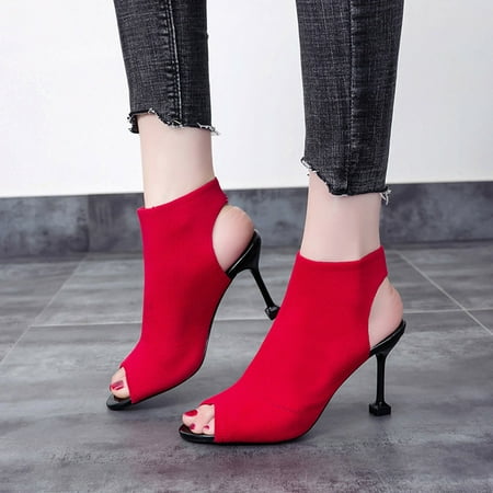

Women Shoes Women s Fish Mouth Open Toe Stiletto Shoes Stretch Knit High Heels Roman Shoes Red 7