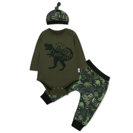Clearance 0-12M Newborn Baby Boy Outfits Army Green Dinosaurs Romper + Pants + Hat Set
Clearance 0-12M Newborn Baby Boy Outfits Army Green Dinosaurs Romper + Pants + Hat Set
