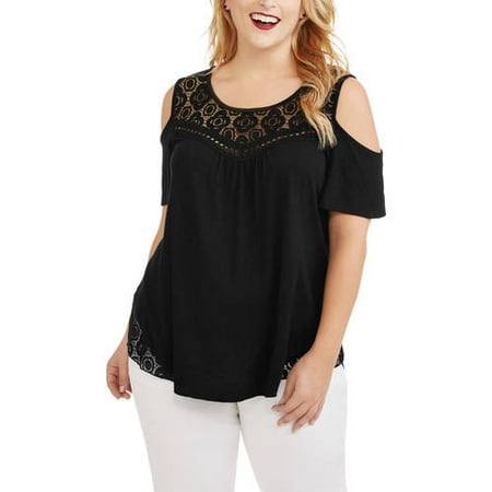 Women's Plus Solid Cold Shoulder Top With Lace Detail
