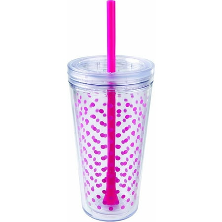 Minimus Double Wall Insulated Tumbler with Removable Straw 24-Ounce Pink Dots