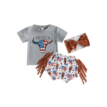 4th of July Baby Girl Outfits Western OX Short Sleeve T-shirt + American Flag Tassels Shorts + Headband Set
4th of July Baby Girl Outfits Western OX Short Sleeve T-shirt + American Flag Tassels Shorts + Headband Set
