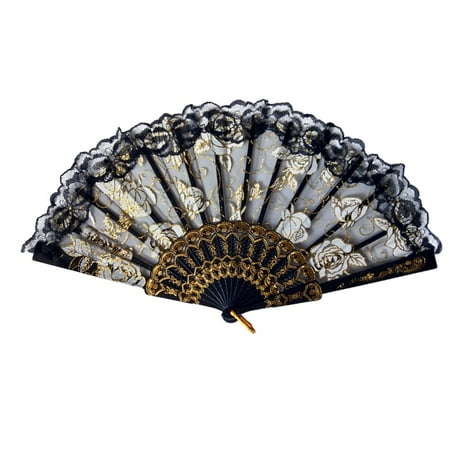 Handheld Fan Floral Print Fabric Folding Portable Dance Fan Party Weddin