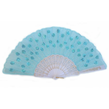 Peacock Pattern Sequin Fabric Hand Fan in Different Colors-blue