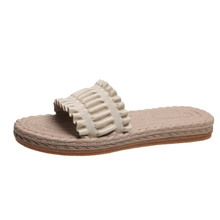 Cathalem Ladies Fashion Solid Color Pleated Lace Leather Open Toe Grass Woven Bottom Flat Slippers Beige 38
Cathalem Ladies Fashion Solid Color Pleated Lace Leather Open Toe Grass Woven Bottom Flat Slippers Beige 38
