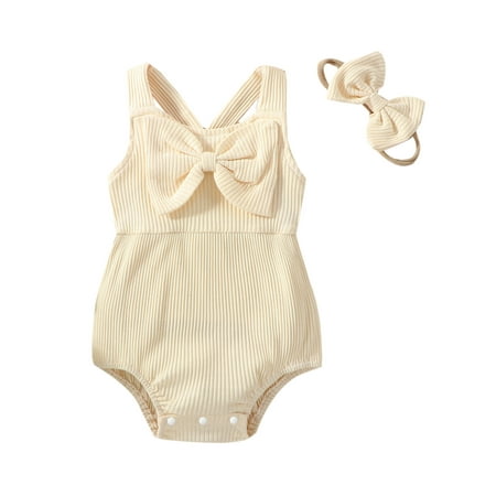 Qtinghua Infant Baby Girl Summer Clothes Basic Rib Sleeveless Bow Romper Romper Jumpsuit Headband Outfits Beige 0-6 Months 
Qtinghua Infant Baby Girl Summer Clothes Basic Rib Sleeveless Bow Romper Romper Jumpsuit Headband Outfits Beige 0-6 Months