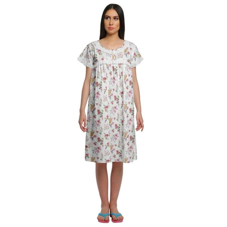 Moomaya Printed Short Sleeve Knee Length Nightdress Round Neck Sleepwear Gown
