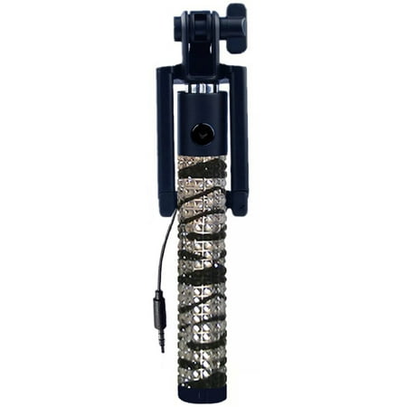KTA Black Zebra Rhinestones Wired Mini Selfie Stick With Folding Bracket