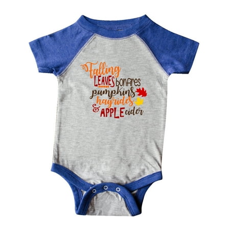 

Inktastic Falling Leaves Bonfires Pumpkins Hayrides and Apple Cider Gift Baby Boy or Baby Girl Bodysuit