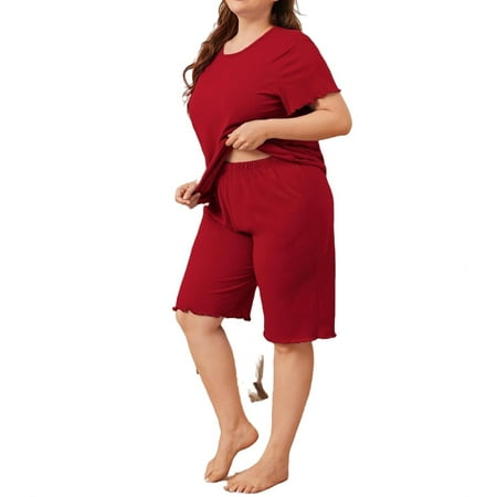 Womens Plus Pajamas Sets Plain Short Sets Sleepwear PJ Set Burgundy 2XL