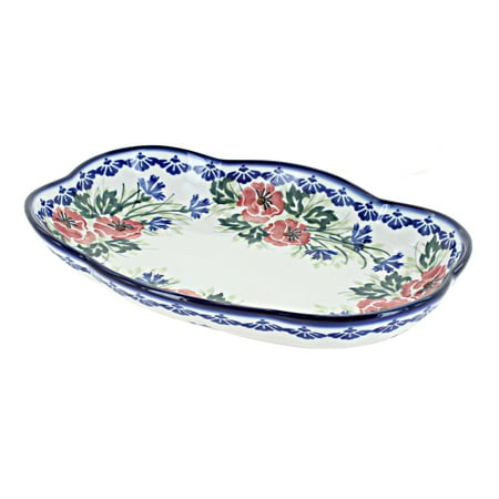 Blue Rose Polish Pottery Cherry Red Bouquet Scallop Dish