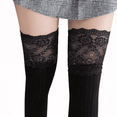 Opperiaya Womens High Socks Monochrome Sexy Lace Stylish Slim Fit Stockings